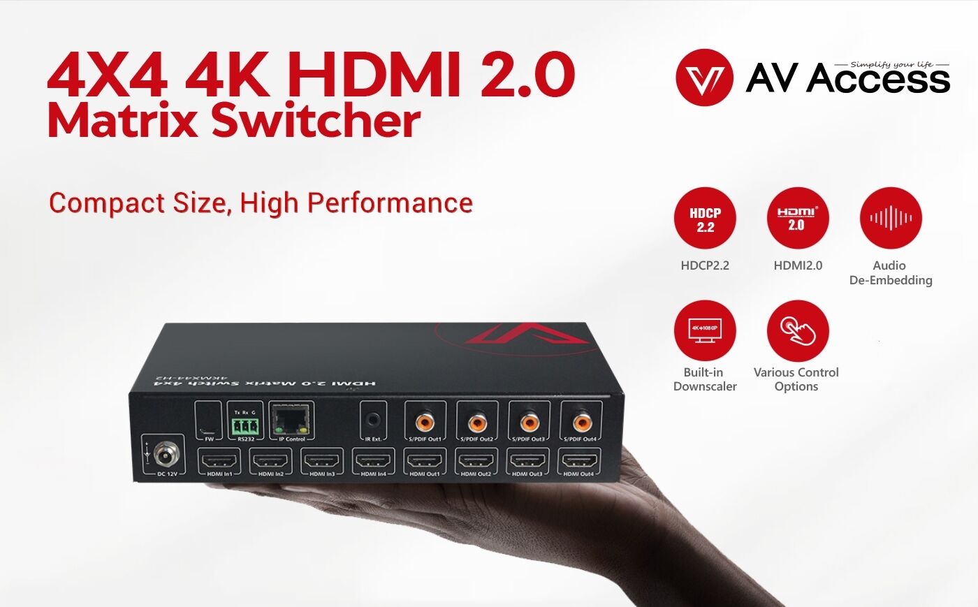 AV Access 4K 4x4 HDMI Matrix Switch with Downscaler, IR Remote